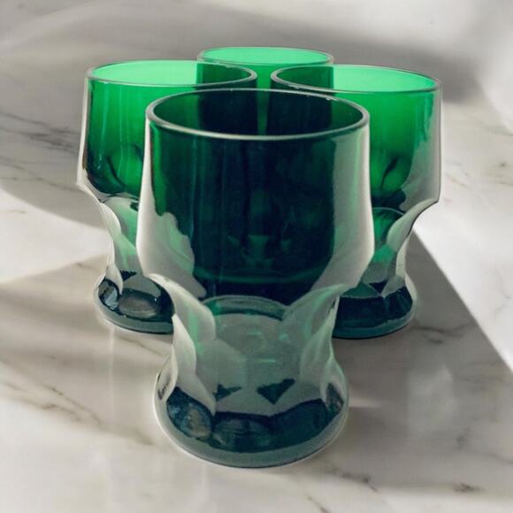 4 Vtg Georgian Emerald Green Tumbler Glasses Honeycomb Drinkware 4.25” MCM - Picture 2 of 5